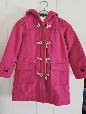 NWT Mini Boden Girls Hooded Toggle Pea Coat - Bright Pink Green Lining Size 7-8y
